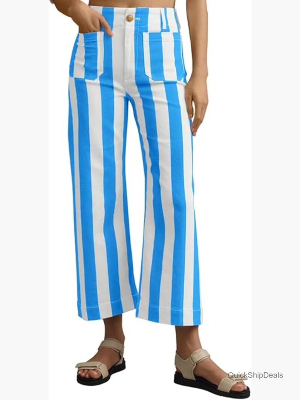 Striped High Waisted Cropped Straight Leg Jeans with Pockets